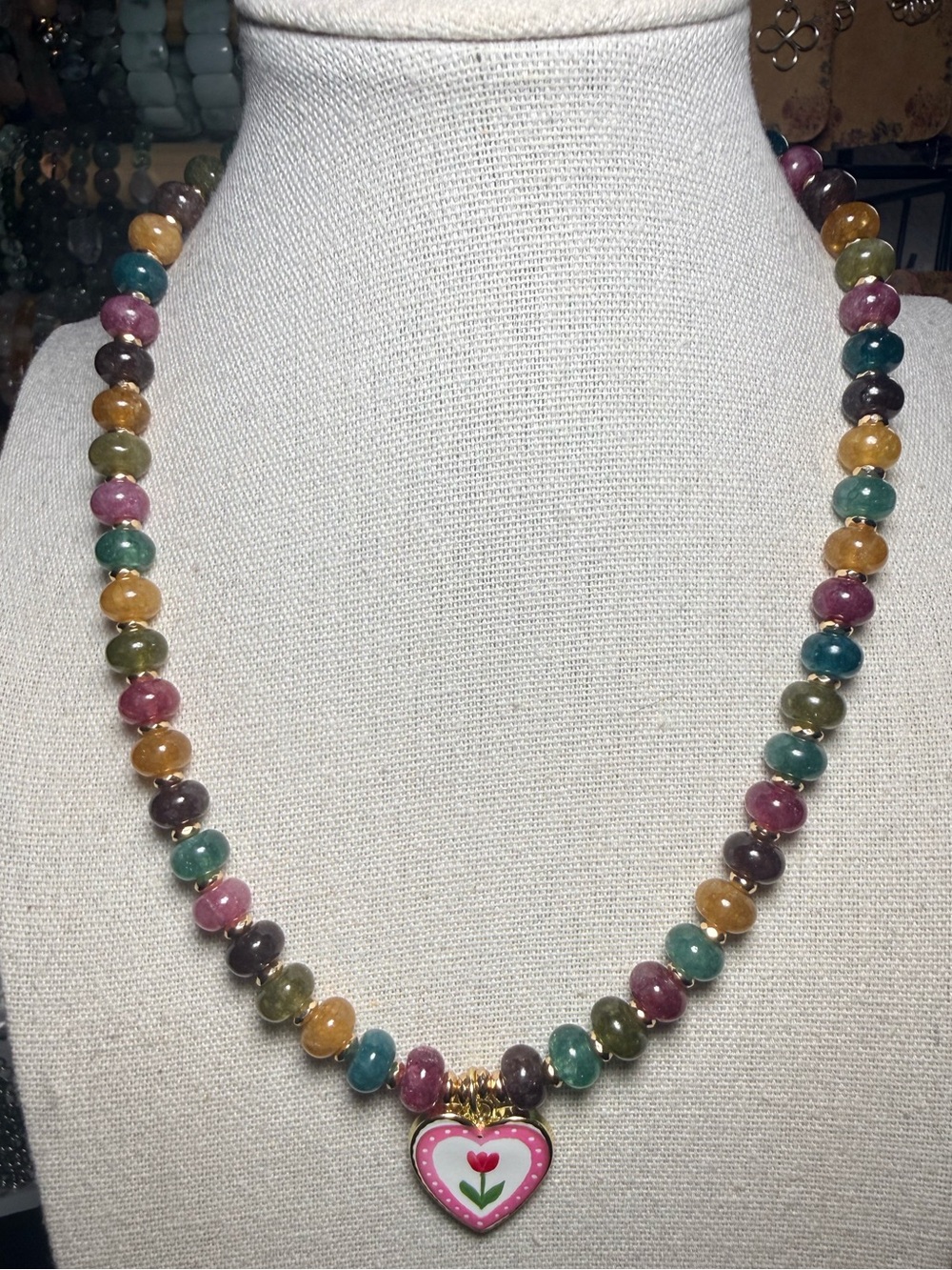 Colorful Dyed Quartz Necklace Heart Charm 16.75”